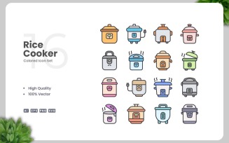 16 Rice Cooker Colored Icons Set