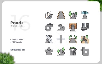 16 Roads Colored Icons Set