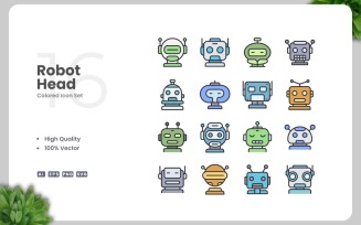16 Robot Head Colored Icons Set