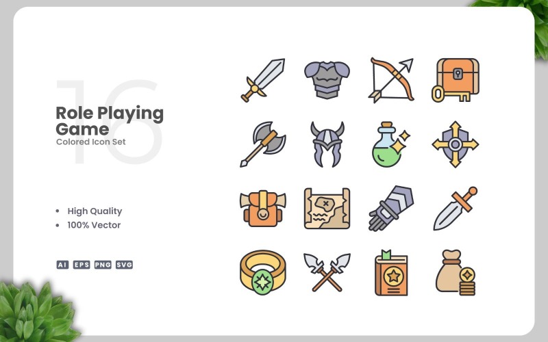 16 Role Playing Game Colored Icons Set Icon Set