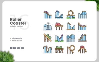 16 Roller Coaster Colored Icons Set