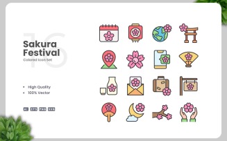 16 Sakura Festival Colored Icons Set