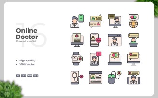 16 Online Doctor Colored Icons Set