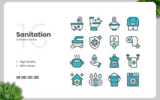 16 Sanitation Colored Icons Set