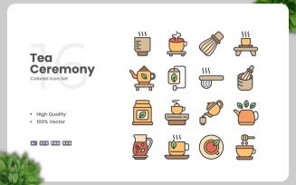 16 Tea Ceremony Colored Icons Set