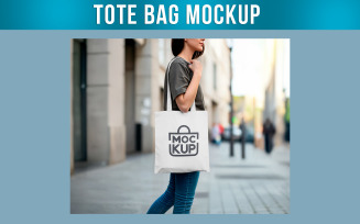 Woman Holding Canvas Tote Bag Mockup in Urban Setting