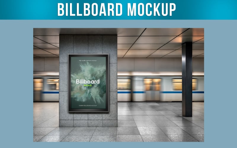 Digital Billboard on Subway Platform with Train Passing By Product Mockup