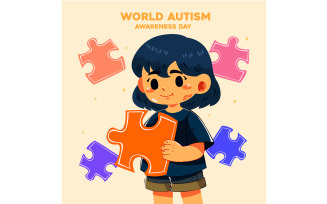 Autism Awareness Day with Colorful Cartoon Character Holding Puzzle Piece