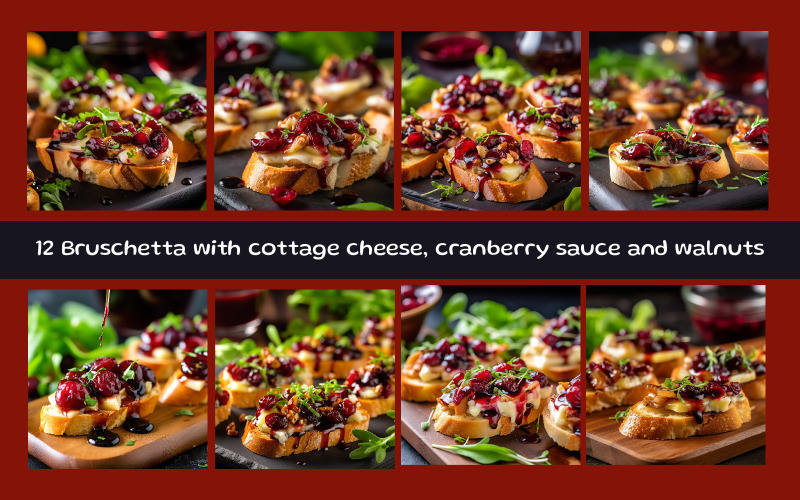 Bruschetta with cottage cheese, cranberry sauce and walnuts Background
