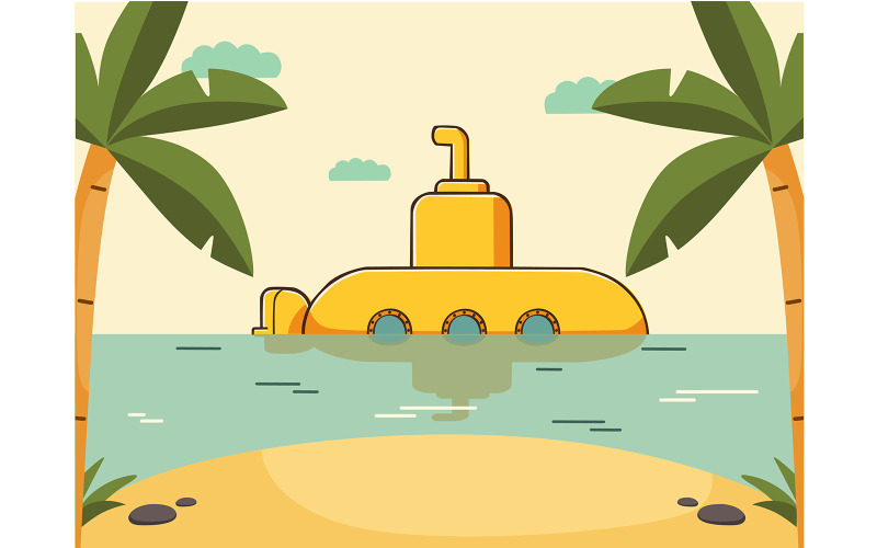 Colorful Cartoon Submarine in Tropical Scene Illustration