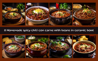 Homemade spicy chili con carne with beans in ceramic bowl