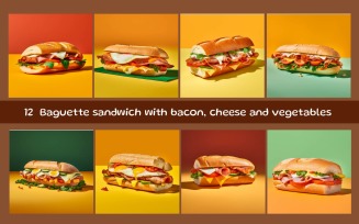 Baguette sandwich with bacon, cheese and vegetables