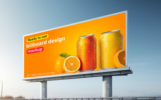 Billboard Mockup with Orange Juice Cans and Oranges Large Billboard Mockup