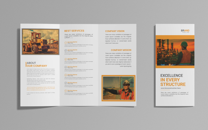 Creative, clean and modern construction tri-fold brochure template. Corporate Identity