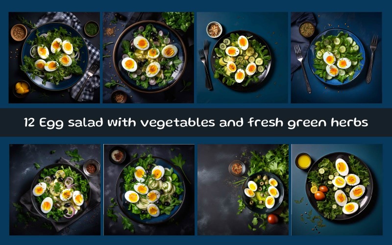 Egg salad with vegetables and fresh green herbs Background