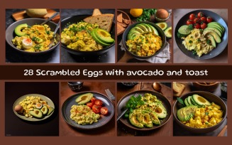 Scrambled eggs with avocado and toast