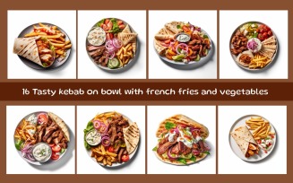 Tasty kebab on bowl with french fries and vegetables