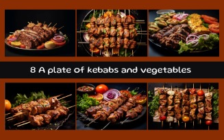 A plate of kebabs and vegetables with a black background