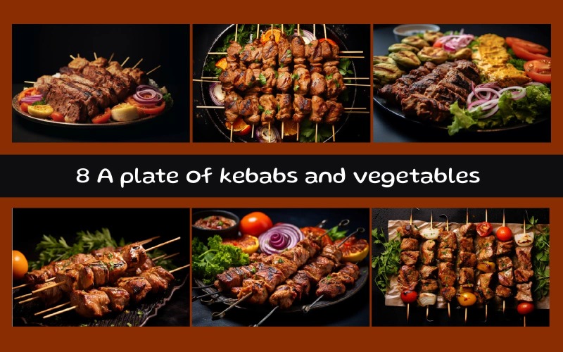 A plate of kebabs and vegetables with a black background Background