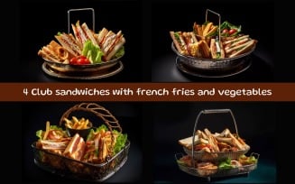 Club sandwiches with french fries and vegetables