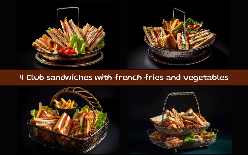 Club sandwiches with french fries and vegetables Background