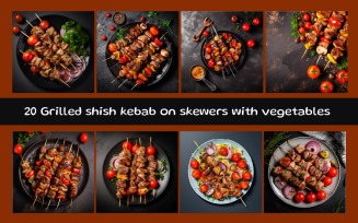 Grilled shish kebab on skewers with vegetables