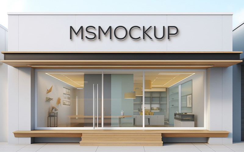 Logo Mockup Storefront with Modern Design and Glass Facade Building Sign Product Mockup