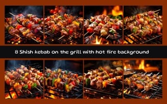 Shish kebab on the grill with hot fire background
