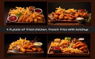 A plate of fried chicken, french fries with ketchup and mayonnaise