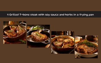 Grilled T-bone steak with soy sauce and herbs in a frying pan