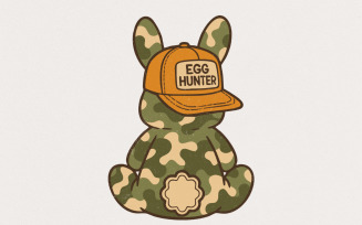 Boy Easter Bunny PNG, Egg Hunter Bunny, Camo Bunny with Backwards Hat, Retro Easter PNG, Happy