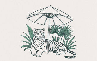 Chill Tiger PNG, Jungle Cat Under Umbrella Sublimation, Funny Tropical Animal Clipart, Cool Tiger