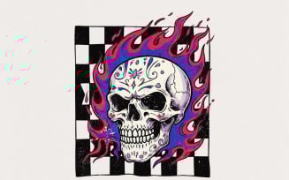 Colorful Flaming Skull PNG, Neon Skull Clipart with Checkerboard, Gothic Edgy Sublimation Art,