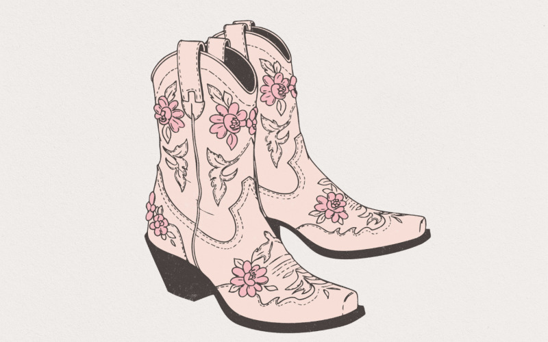 Pink Cowgirl Boots PNG, Floral Western Boots Sublimation Design, Cute Country Girl Clipart, Retro Illustration