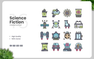 16 Science Fiction Colored Icons Set