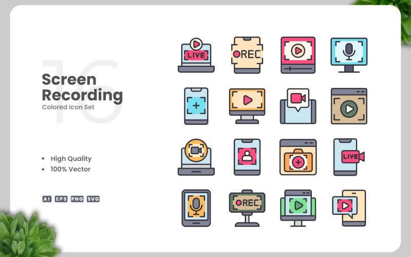 16 Screen Recording Colored Icons Set Icon Set