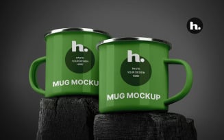 Mugs Mockup PSD - Enamel Mugs on the Blackstone