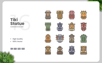 16 Tiki Statue Colored Icons Set