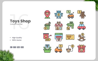 16 Toys Shop Colored Icons Set