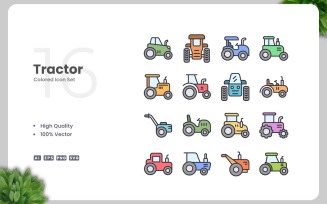 16 Tractor Colored Icons Set