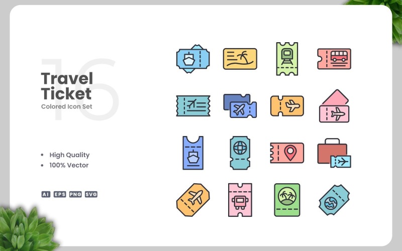 16 Travel Ticket Colored Icons Set Icon Set