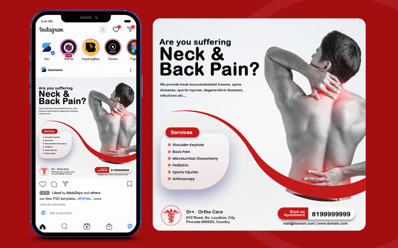 Neck And Back Pain Healthcare Social Media Poster template