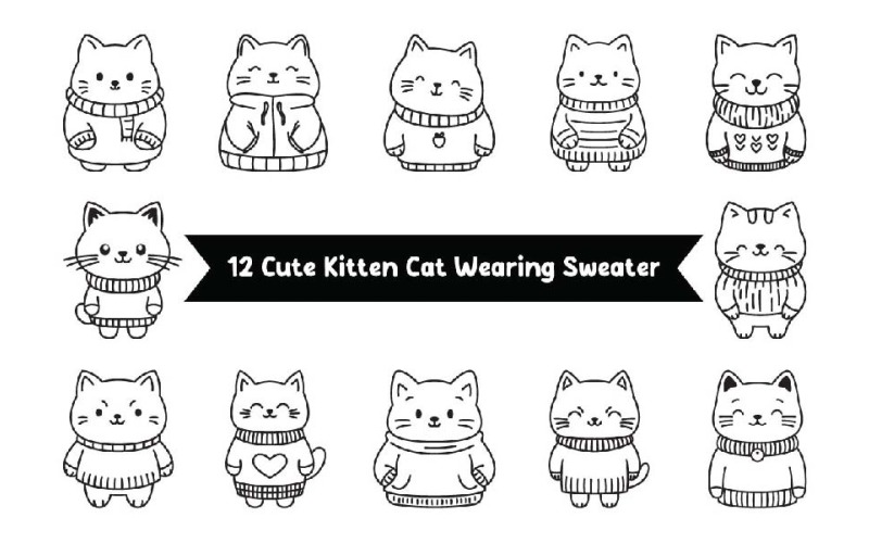 12 Cute Kitten Cat Character Wearing Sweater Illustration