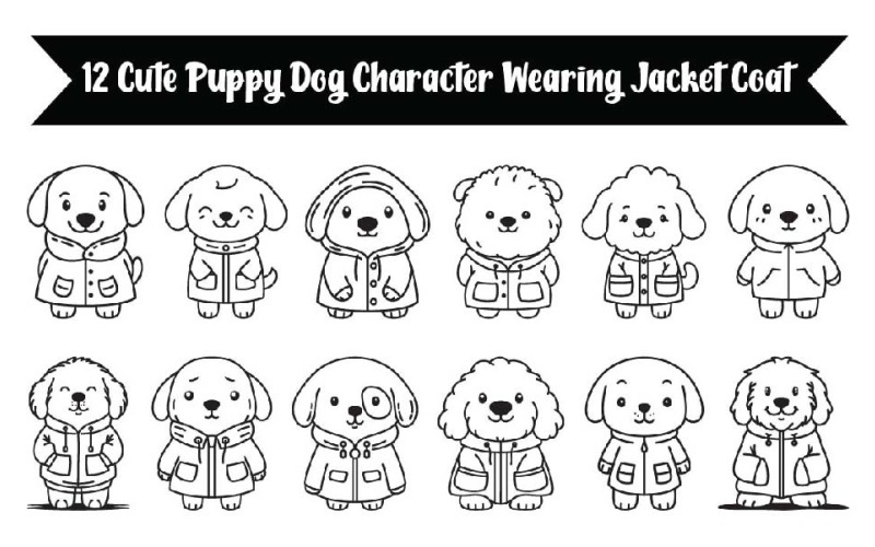 12 Cute Puppy Dog Character Wearing Jacket Coat Illustration