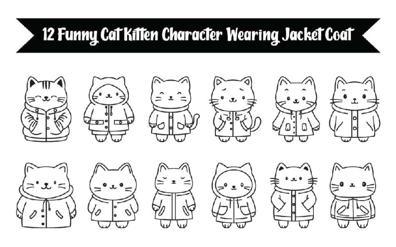 12 Funny Cat Kitten Character Wearing Jacket Coat Illustration