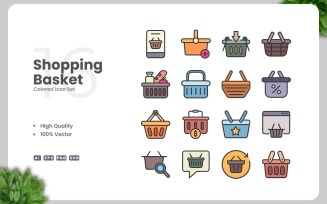 16 Shopping Basket Colored Icons Set