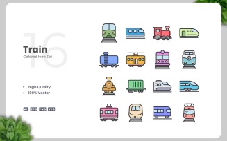 16 Train Colored Icons Set