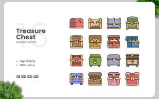 16 Treasure Chest Colored Icons Set