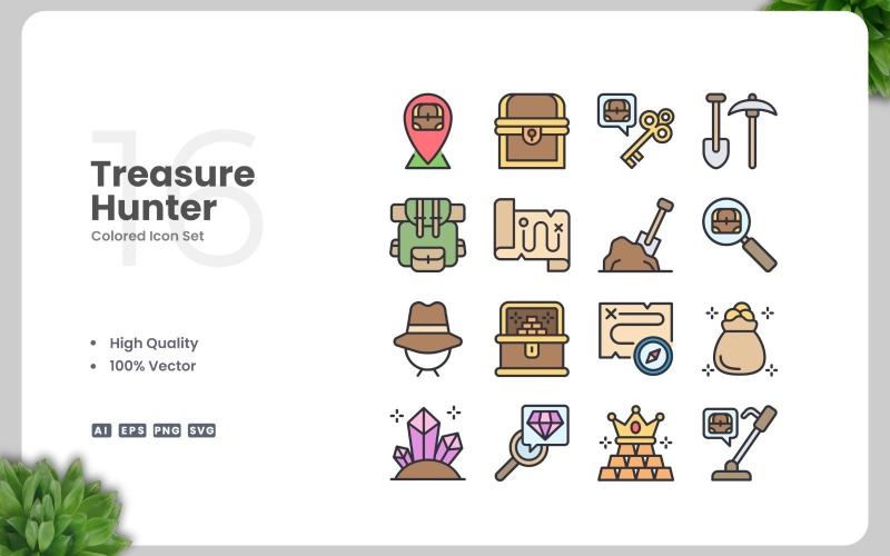 16 Treasure Hunter Colored Icons Set Icon Set