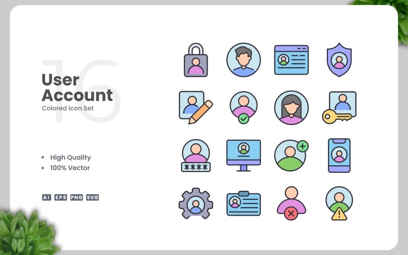 16 User Account Colored Icons Set Icon Set